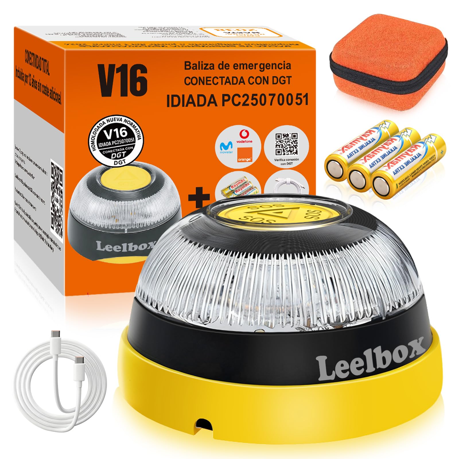 Baliza V16 Homologada DGT con Geolocalizador, Luz Emergencia Coche Homologado DGT 3.0, Máxima Cobertura Nacional, Datos Incluidos hasta 2038, Base Imantada