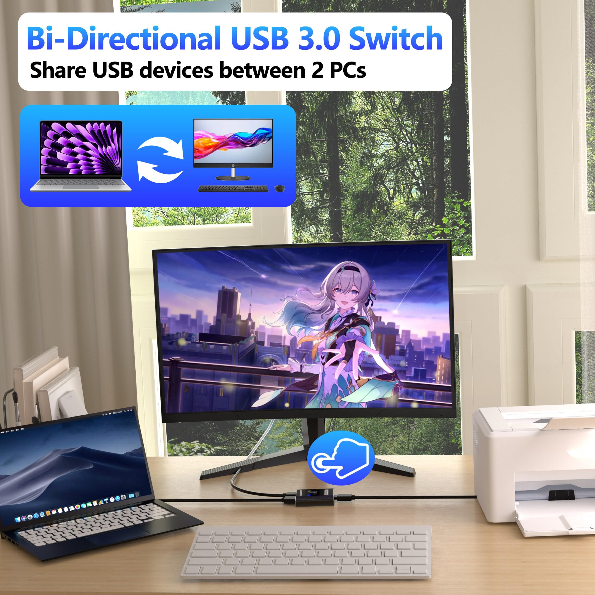 Switch USB Bidirezionale USB Switch 2 in 1 out (1 in 2 out) Switch KVM, condivisione di 1 dispositivo tra 2 computer per stampante, PC, stampante, tastiera, scanner