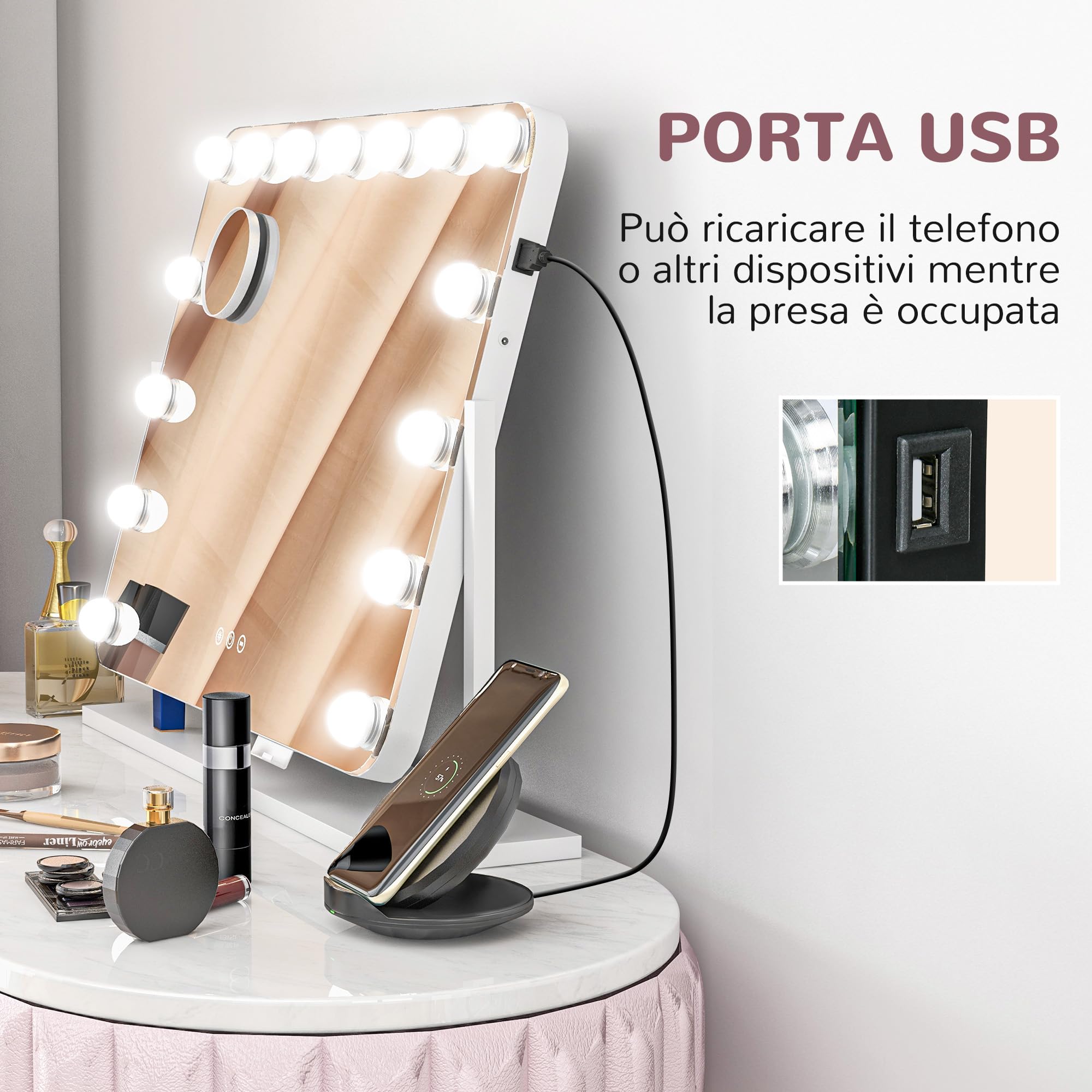 HOMCOM Specchio Trucco con Luci 15 LED 58x46cm Luminosità Regolabile | Ricarica USB, Hollywood 3 Colori Luce, Schermo Touch, Supporto Telefono, Ingrandimento 10X, Rotazione a 360°
