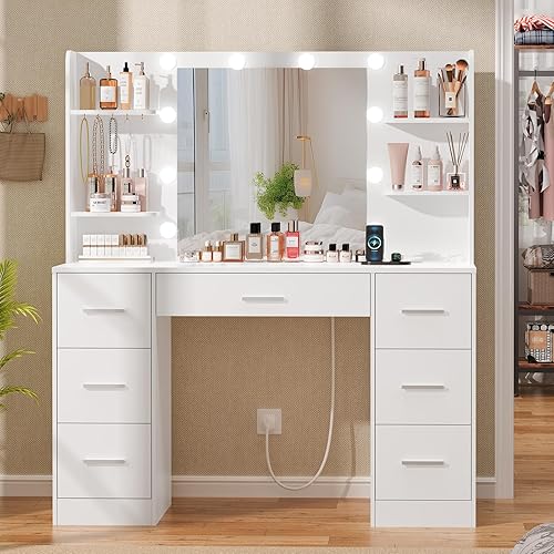 Quimoo Large Vanity Desk with LED Lighted Mirror & Power Outlet,Makeup Vanity Table with 7 Drawers,4 Shelves and 5 Hooks,Vanity Table, Vanity Desk Set for Bedroom,Bathroom,White - White-1 - 7 Drawers