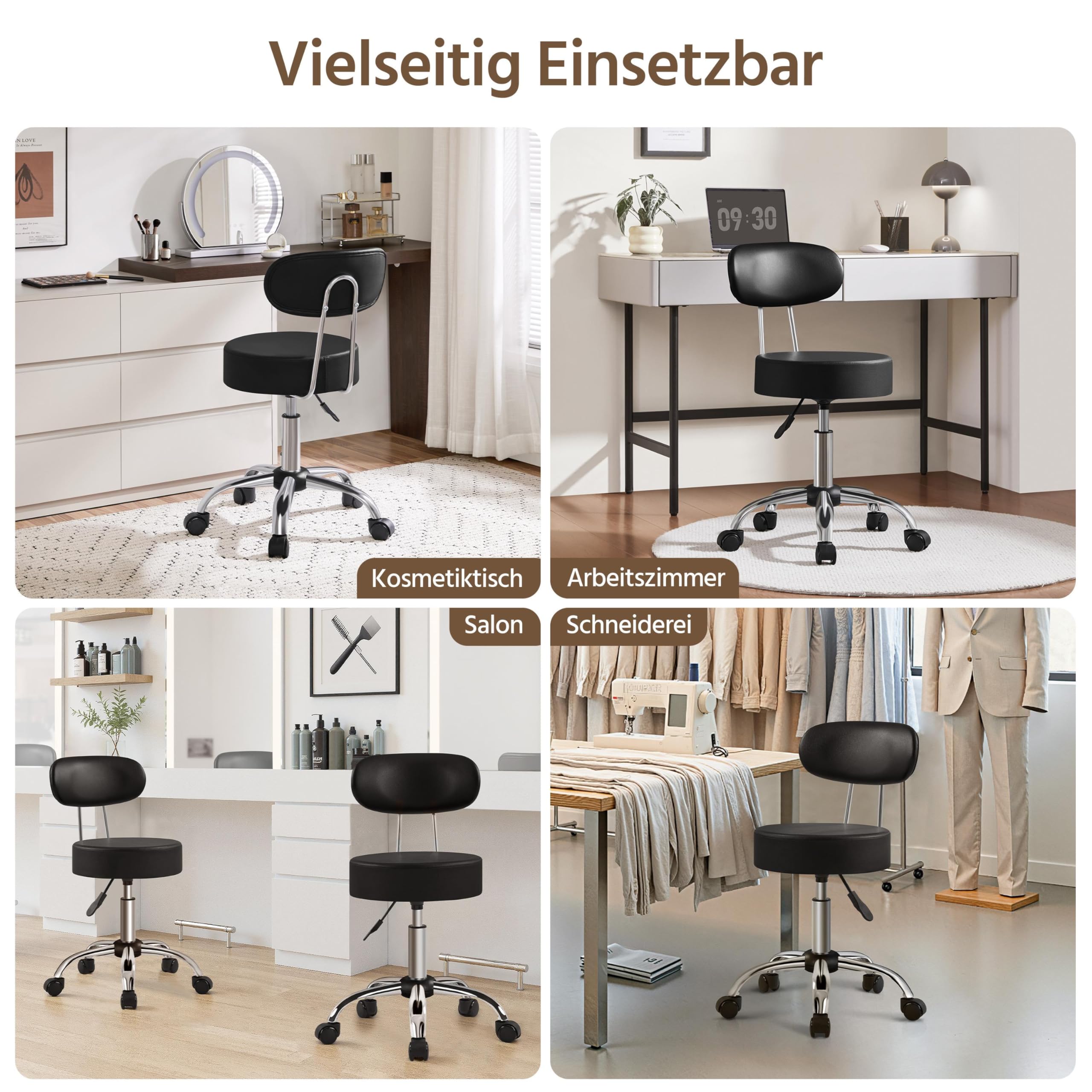Yaheetech Rollhocker Arbeitshocker mit Rückenlehne Höhenverstellbarer 75.5-85cm,Drehhocker mit Rollen,Abnehmbare Rückenlehne,10 cm Dicke Polsterung,Schwarz