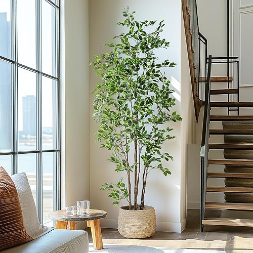Miniatura 7 de Árbol de ficus artificial para interiores de 8 pies, árbol de imitación grande en maceta con hojas de seda realistas y tronco para oficina en casa,
