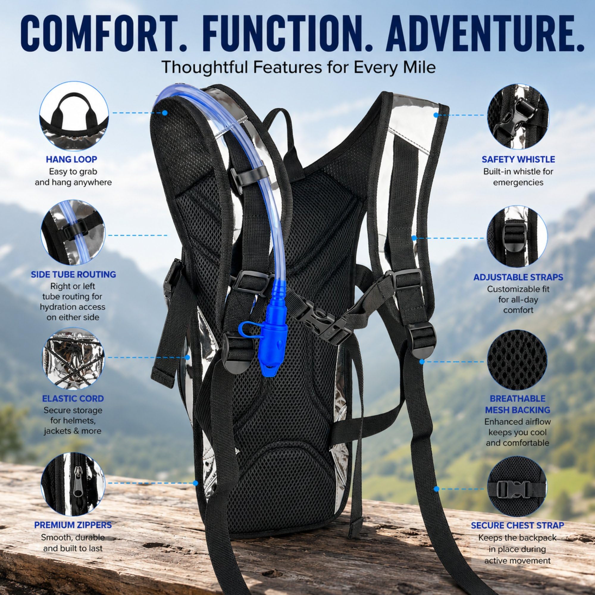 Zavothy Zaino da idratazione leggero per rave per ciclismo, corsa, zaino per idratazione zaino da trekking con sacca d'acqua da 2 l, argento