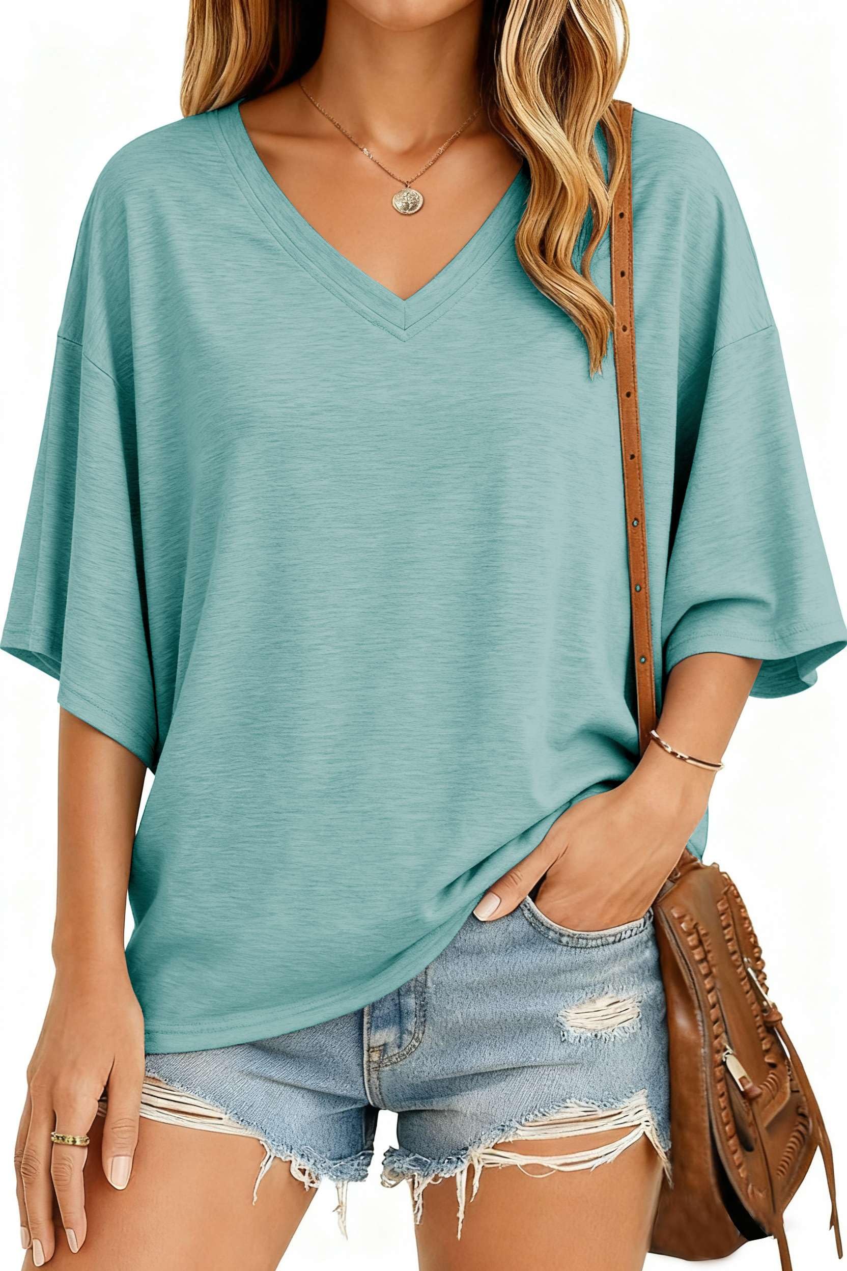 NAIOSS Damen T-Shirt Oversize Kurzarm Oberteil V-Ausschnitt Tunika Sommer Tops