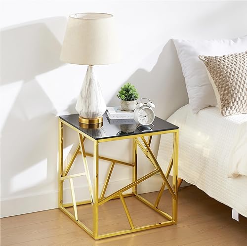 Miniatura 6 de WOKER FURNITURE Mesa auxiliar de cristal negro con marco geométrico de metal dorado, mesa auxiliar moderna de 20 pulgadas con parte superior de