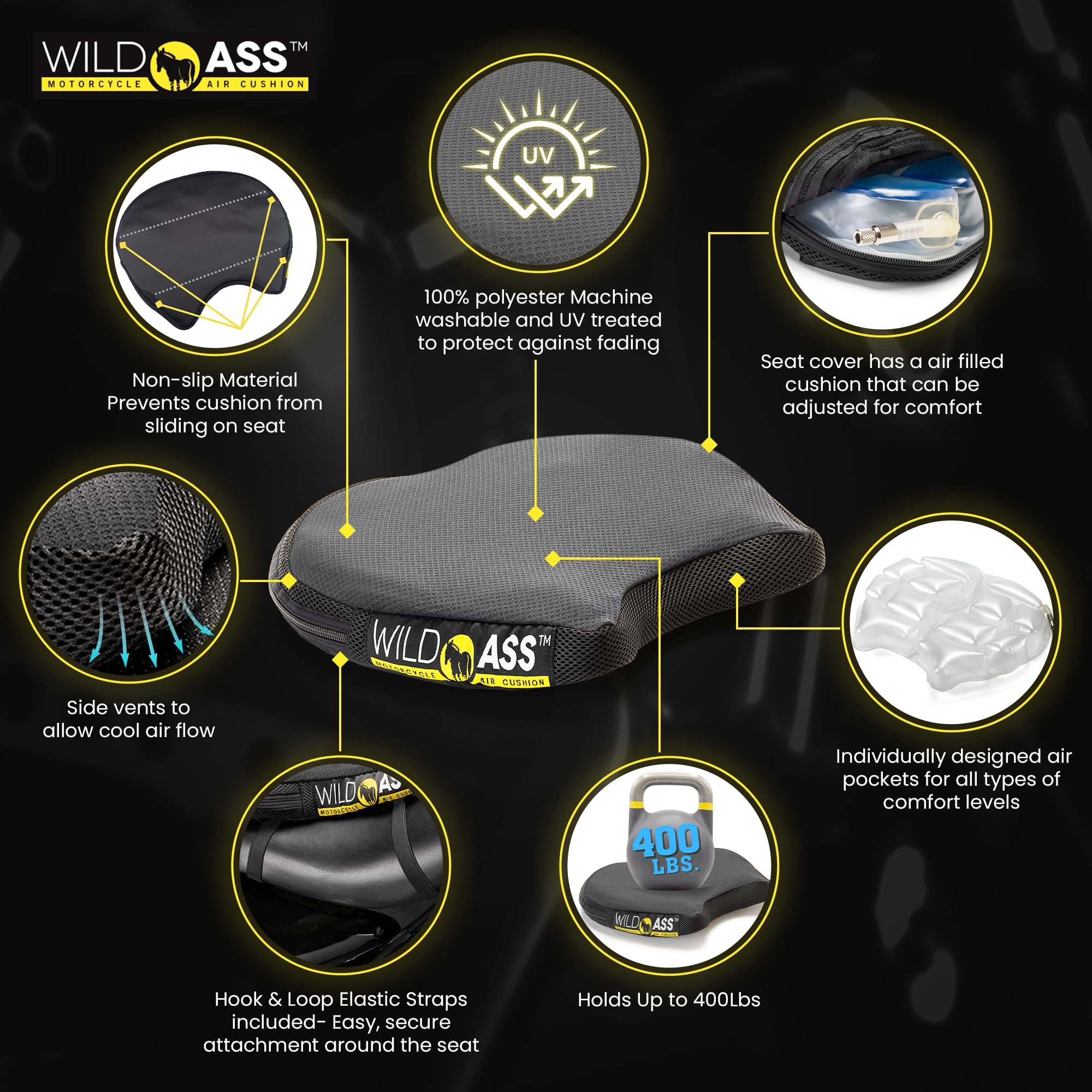 Wild Ass Smart Lite Coussin de siège Confortable pour Moto Cruiser Touring Taille M 38,1 x 35,6 cm
