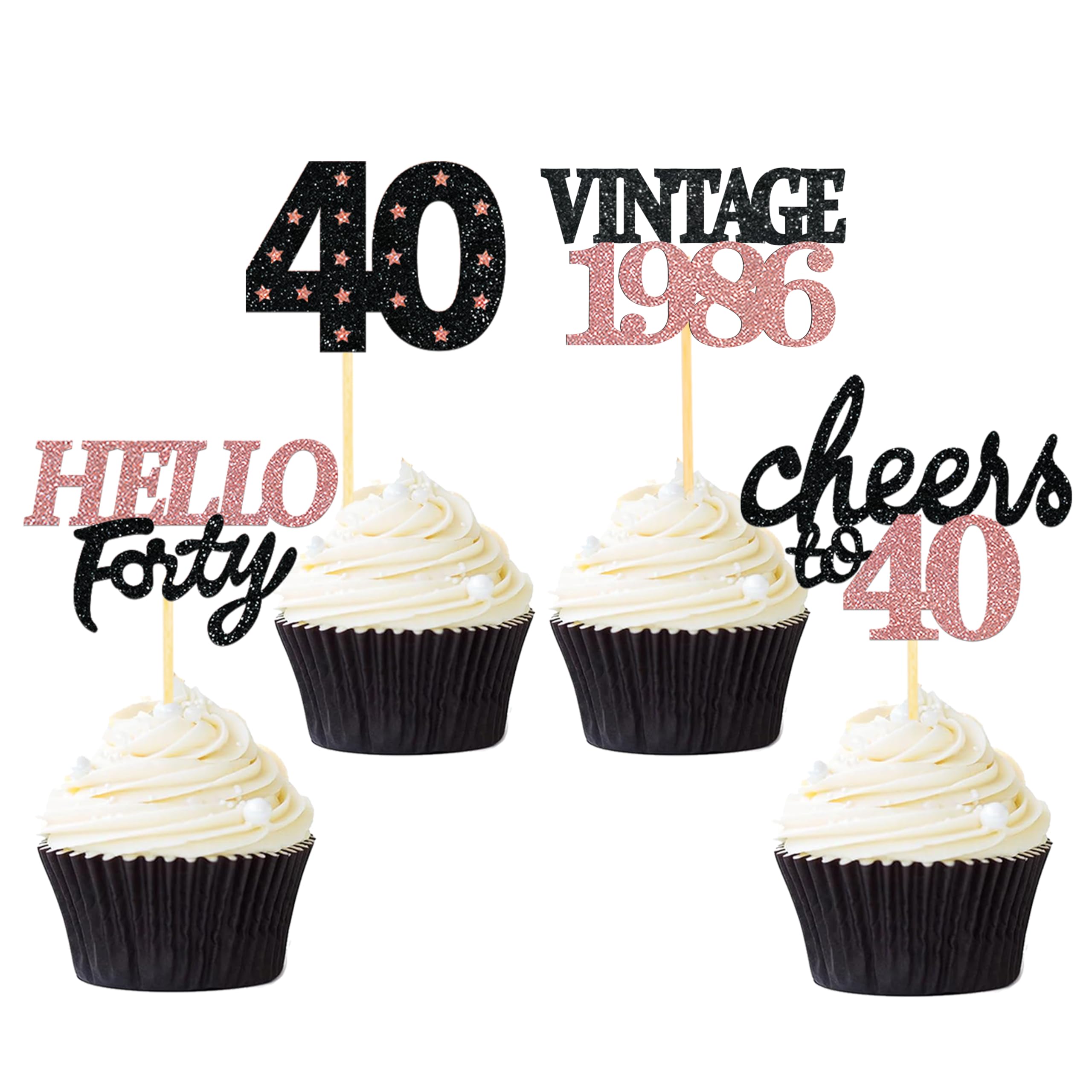 24 Pcs Glitter 40th Birthday Cupcake Toppers, Since 1986 Cupcake Picks for Celebrating Forty Years Old Birthday Decorations for 40th Anniversary Party Supplies (Black&Rose Gold-1986)