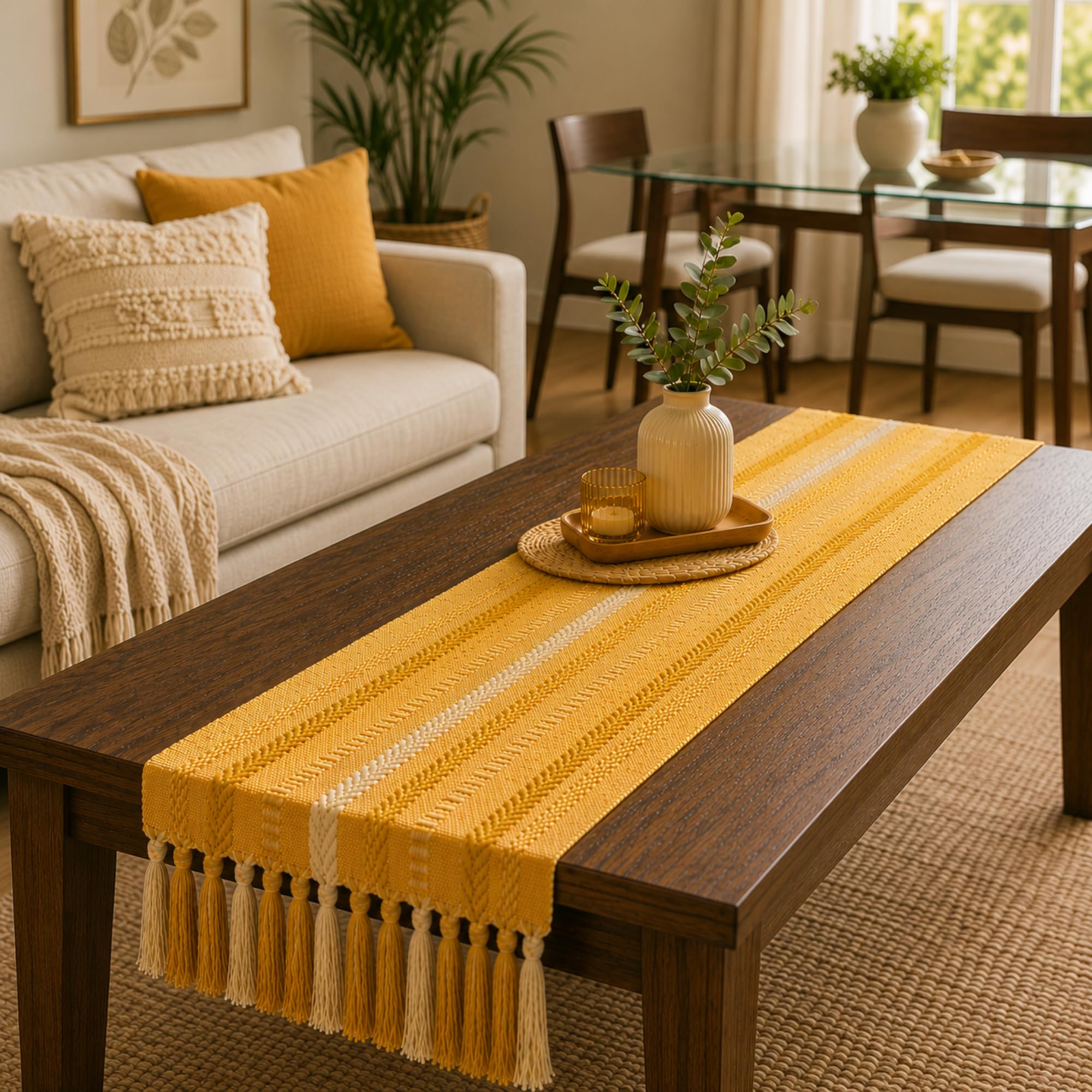 TARANTARAN Yellow Macrame Table Runner with Tassels | Cotton Boho Dining Table Cover for Kitchen Decor-image-2