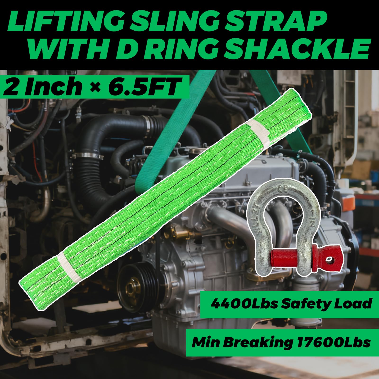 HENBOW Lot de 2 sangles de levage | Sangle de 5,1 cm × 1,9 m avec manilles à anneau en D | Charge de travail de sécurité de 1995,8 kg et charge de rupture de 7983,2 kg | Sangle de récupération pour