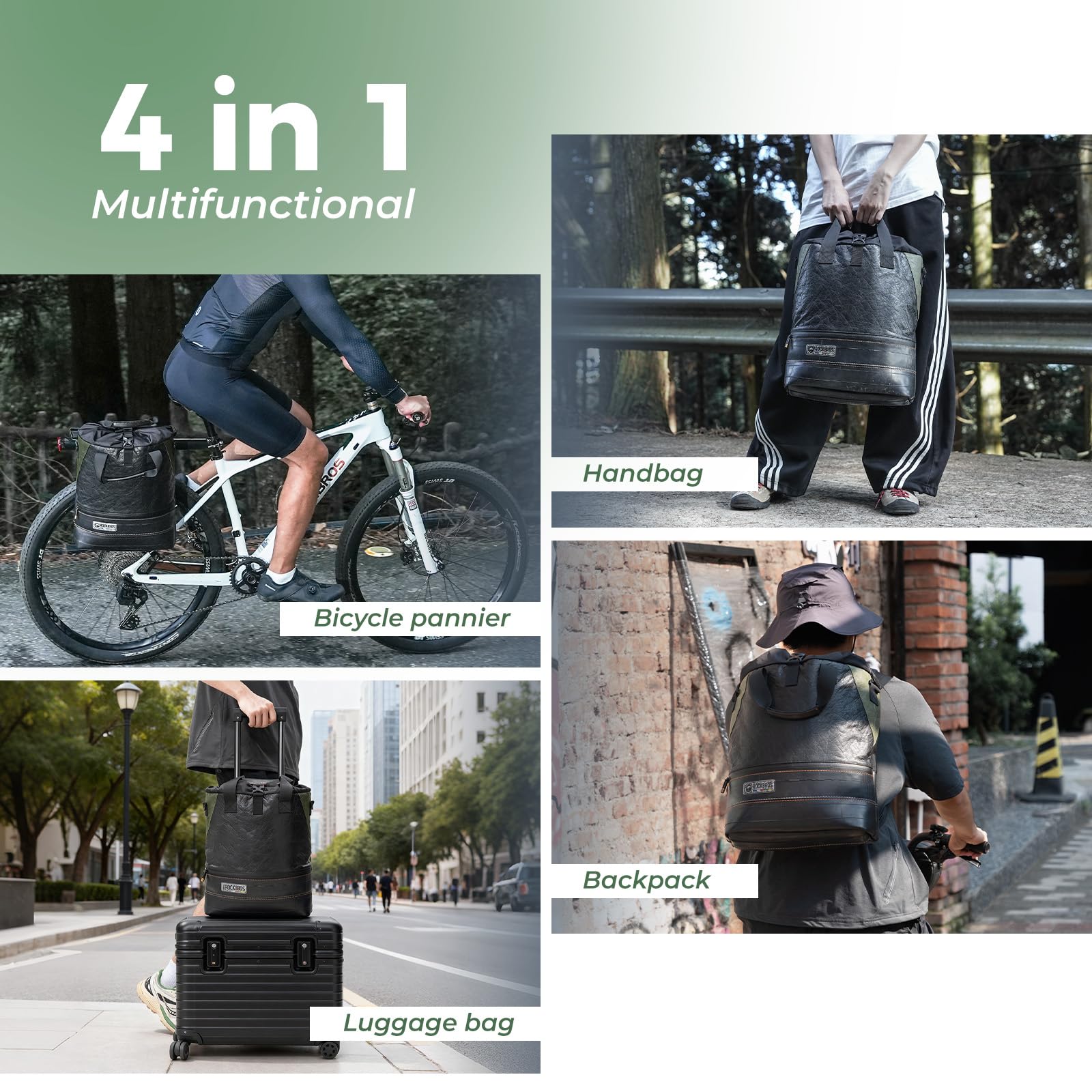 ROCKBROS Road to Sky 4 in 1 Borsa Bici Laterali 12L, Borsa da Bici per Portapacchi Regolabile con Maniglia e Tracolla, Idrorepellente e Ecologico, per Ciclismo Viaggio Commuting Escursioni