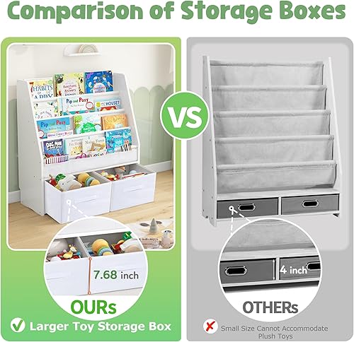 Miniatura 7 de MallBest Estantería infantil de madera maciza con contenedores de almacenamiento, estante frontal inspirado en Montessori para niños de 1 a 5 años,