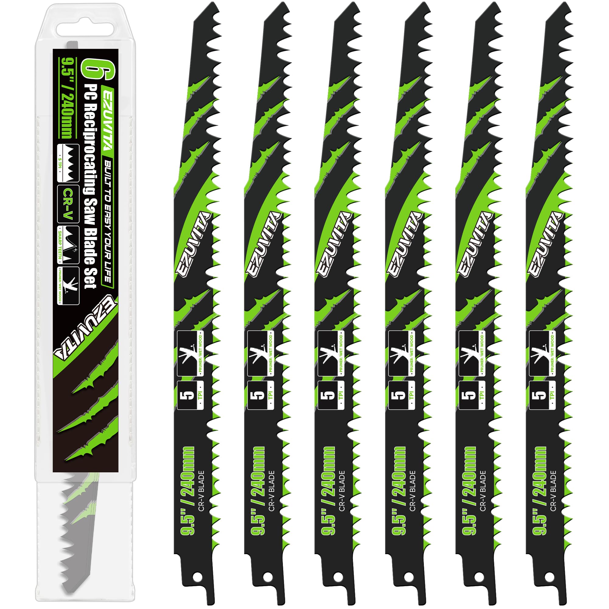 EZUVITA 9.5-Inch 6-Piece Wood Pruning Reciprocating Saw Blade Set with Storage Box, Pruner Saw Blades with 5 TPI CR-V Steel for Tree Trimming Wood