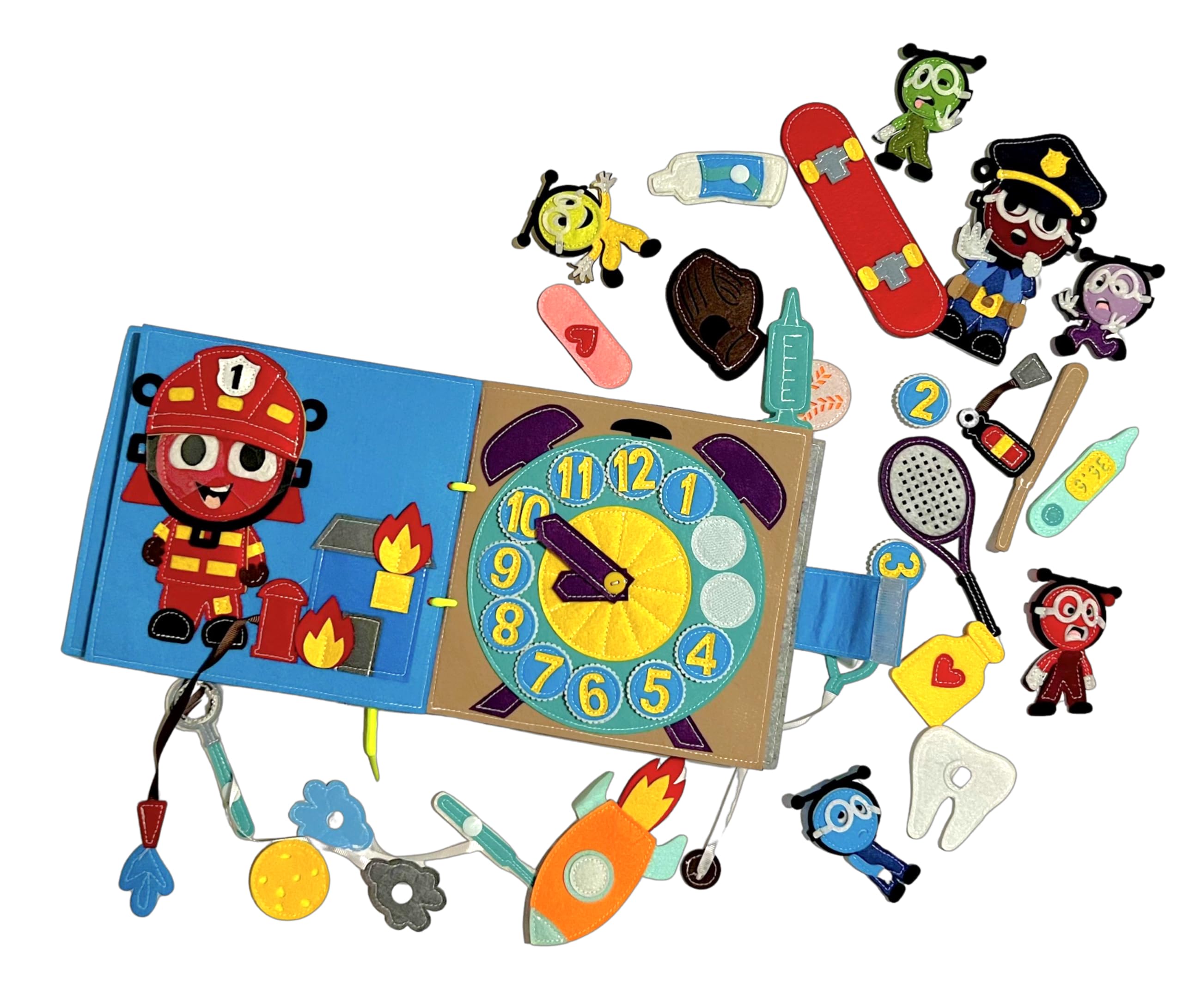 Quiet Book Fabric Educational Montessori Interactive 9Sensory Learn Activities: Numbers,Clock, Sport,Astronaut,Doctor,Dentist,Emotions (43 Items), Helpful for Autism Spectrum