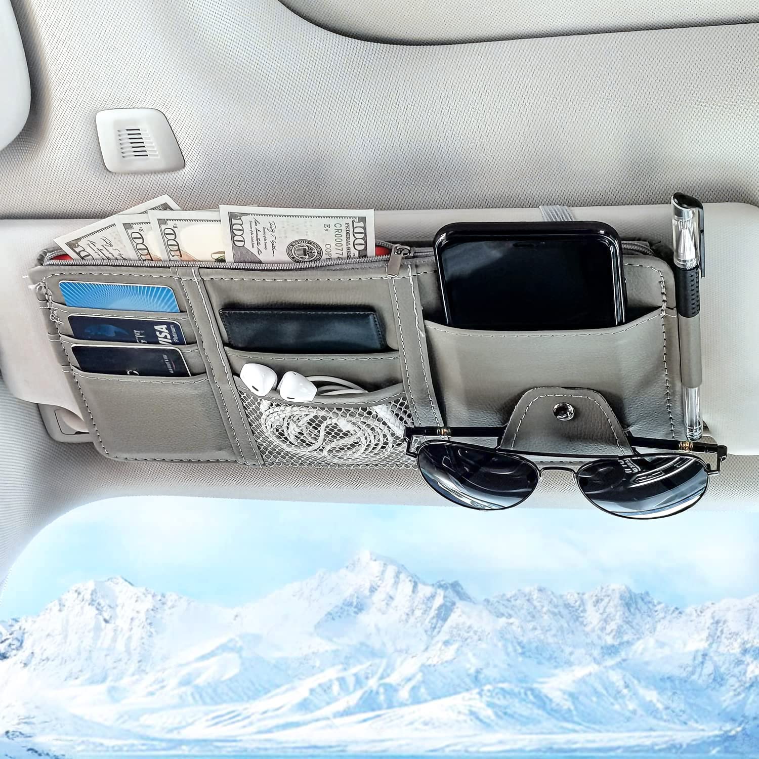 Keedolla Car Sun Visor Organizer with Zipper Pocket, Auto Interior Accessories Pocket Organizer Car Truck Visor Storage Pouch Holder for Cards, Pens, Sunglasses and Document - Gray