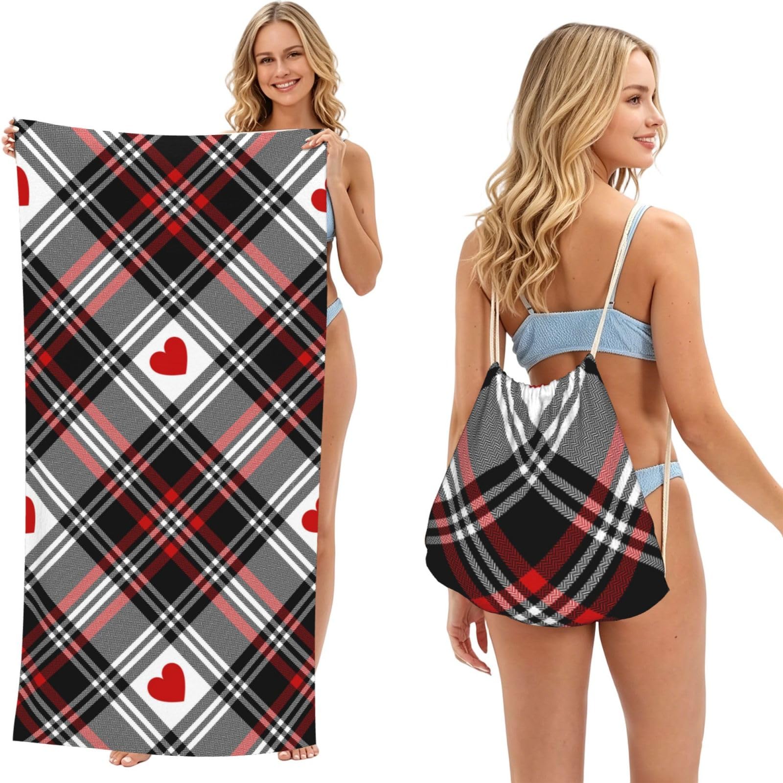 Poadnly As Picture Valentines Plaid Hearts, 2 In 1 Packable Towel Bag, Beach Towels With Drawstring Backpack For Travel Holiday Camping