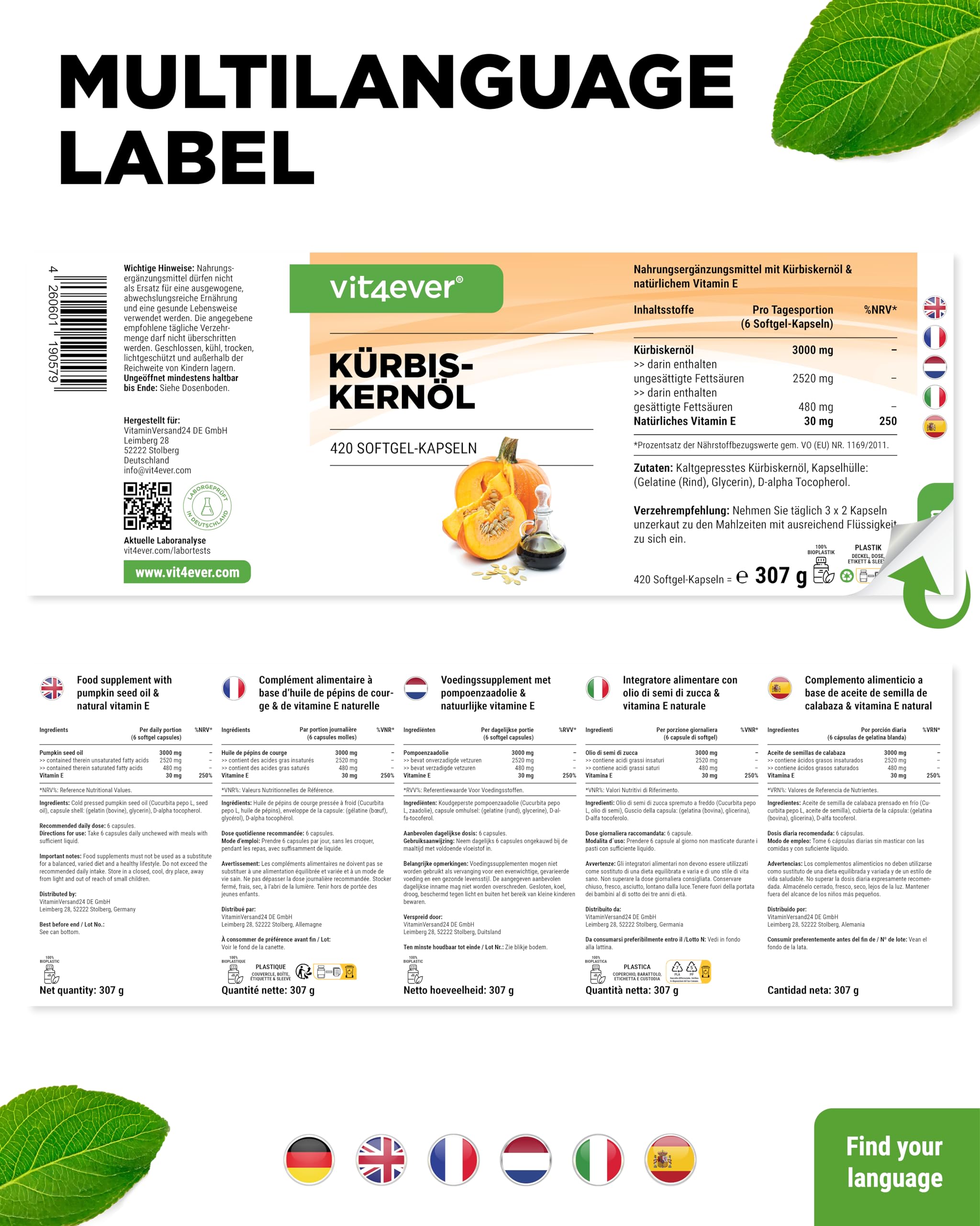 vit4ever Kürbiskernöl - 420 Kapseln - 3000 mg pro Tagesportion - Mit natürlichem Vitamin E - Hochdosiert - Naturbelassen & kaltgepresst - Laborgeprüft