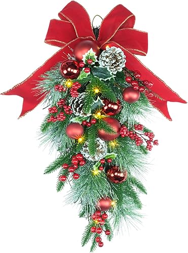 Miniatura 10 de YULETIME Botín de lágrima decorativo preiluminado de 24 pulgadas, funciona con pilas, guirnalda artificial de Navidad con luces de hadas, lazo rojo