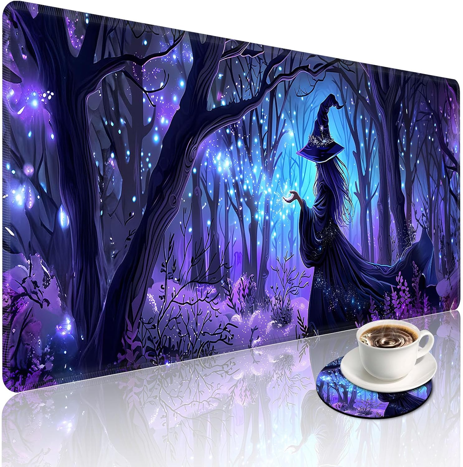 Beautiful Witch Large Gaming Mouse Pad with Coaster, Durable Stitched Edges Protection Design, Cute Large Desk Mat for Desktop, 31.5x11.8 inch XXL Extended Computer Mat for Gaming and Office