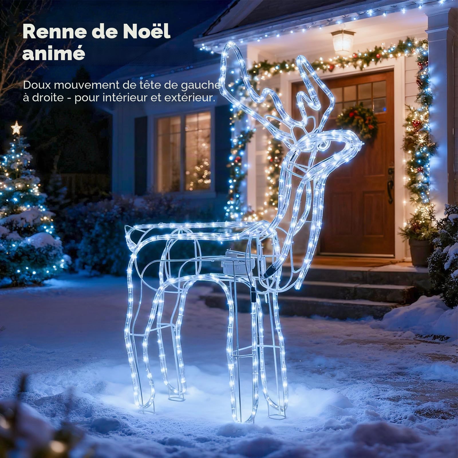 LEDYA Renne de Noël Lumineux avec tête animée, 216 LED Blanc Froid, Grand Renne Lumineux 89 cm, décoration de Noël intérieur/extérieur avec minuterie, Alimentation Secteur pour Jardin ou terrasse