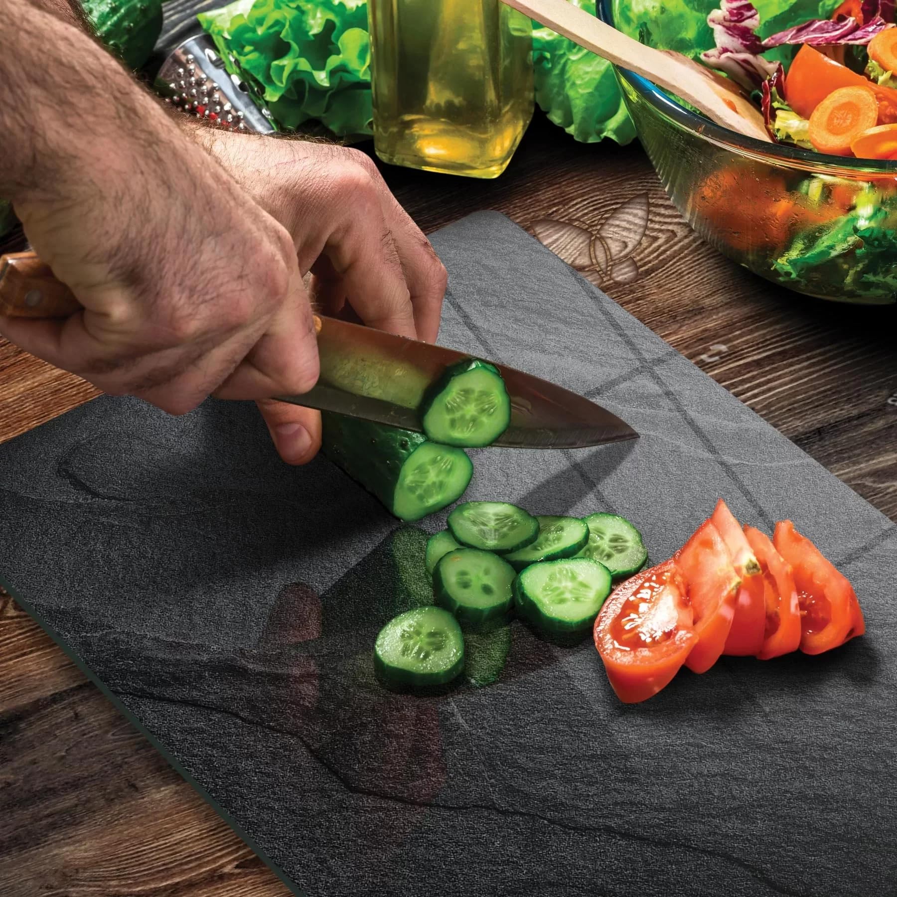 Decovetro Cam Kesme Tahtası ve Sunumluk Siyah Taş Desenli 20x30 Cm
