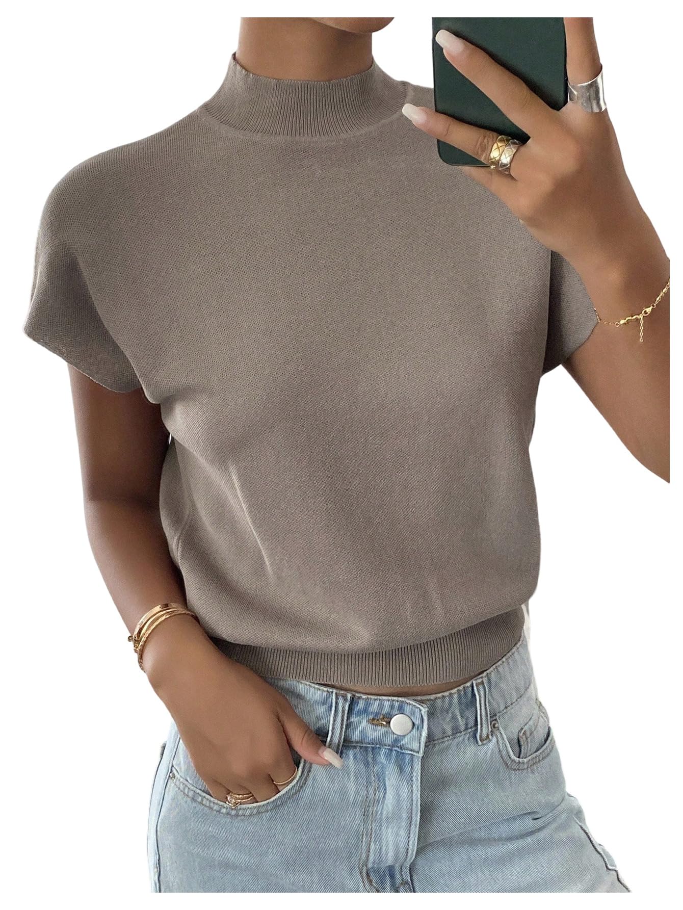Milumia Womens Mock Turtleneck Short Sleeve Sweater Cap Sleeve Pullover Knit Crop Tank Tops