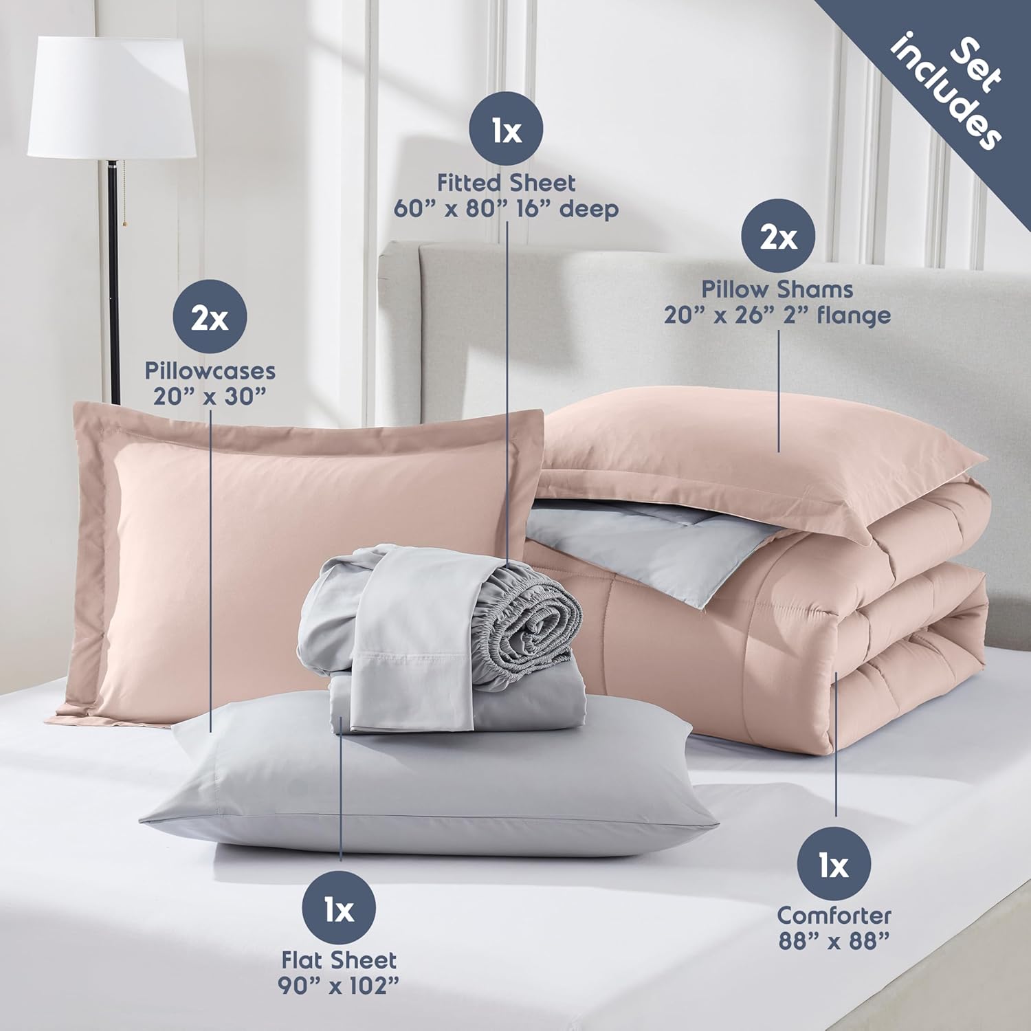 Nestl 7 Piece Queen Comforter Set – Blush Pink Reversible Bed in a Bag – Complete Queen Size Bedding Set with Sheets, Pillowcases and Shams