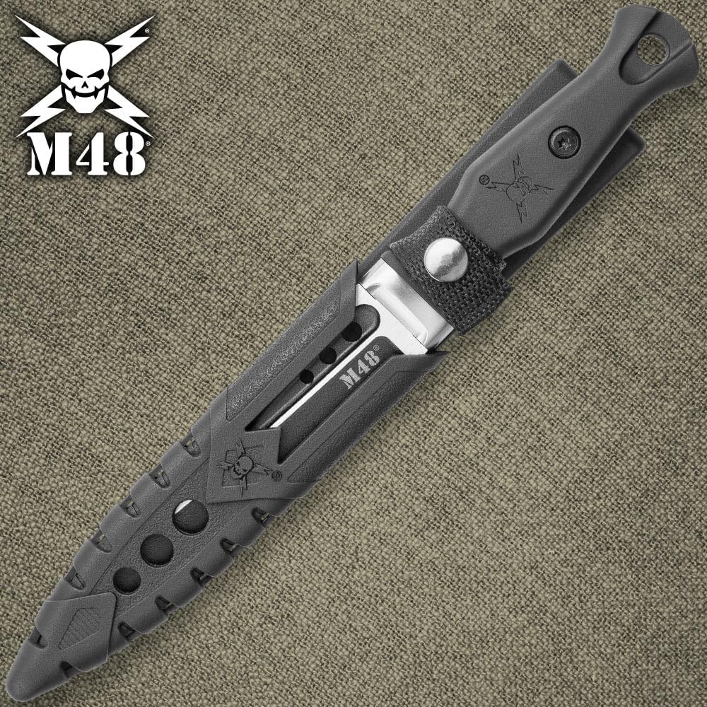 M48 Highland Sgian with Sheath | 5 1/4" Black Oxide-Coated Cast Stainless Steel Blade | Three Through-Holes | Contoured Black TPR Handle | Molded Vortec Sheath with Nylon Strap | 9 1/2" Overall