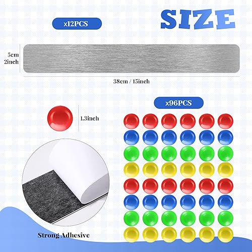 Miniatura 2 de Outus 108 tableros magnéticos de 14.76 x 1.97 pulgadas, tiras de metal, tablero de anuncios magnético con respaldo adhesivo para decoración de pared