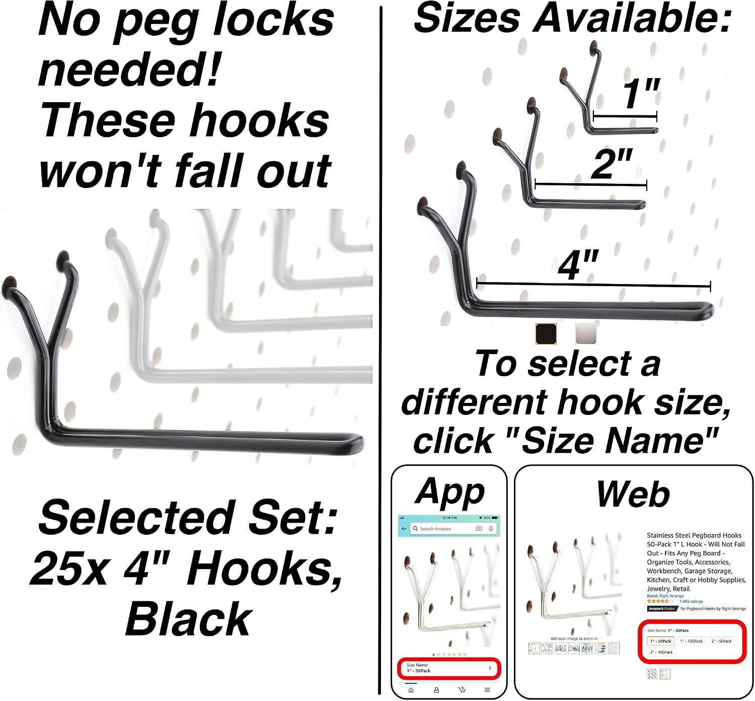 Steel Pegboard Hooks 25-Pack 4" L Hook, Black - Will Not Fall Out, Fits Any Peg Board - Organize Tools, Accessories, Workbench, Garage Storage, Kitchen, Crafts, Jewelry, Retail