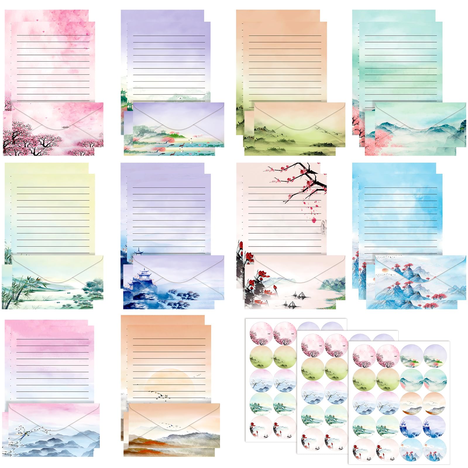 TaoBary 160-Piece Stationery Set: Double-Sided Paper, Envelopes, and Stickers (Ink Painting)