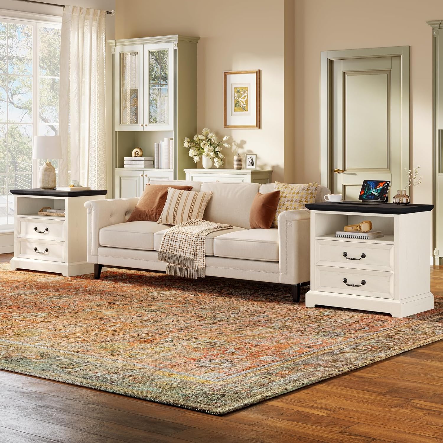 Farmhouse Nightstands Set of 2-25.6" Tall & 23.6" Wide Night Stands with 2 Drawers & Open Storage Shelf- Sturdy Thick Base & Vintage Handles for Bedroom - Distressed White and Black