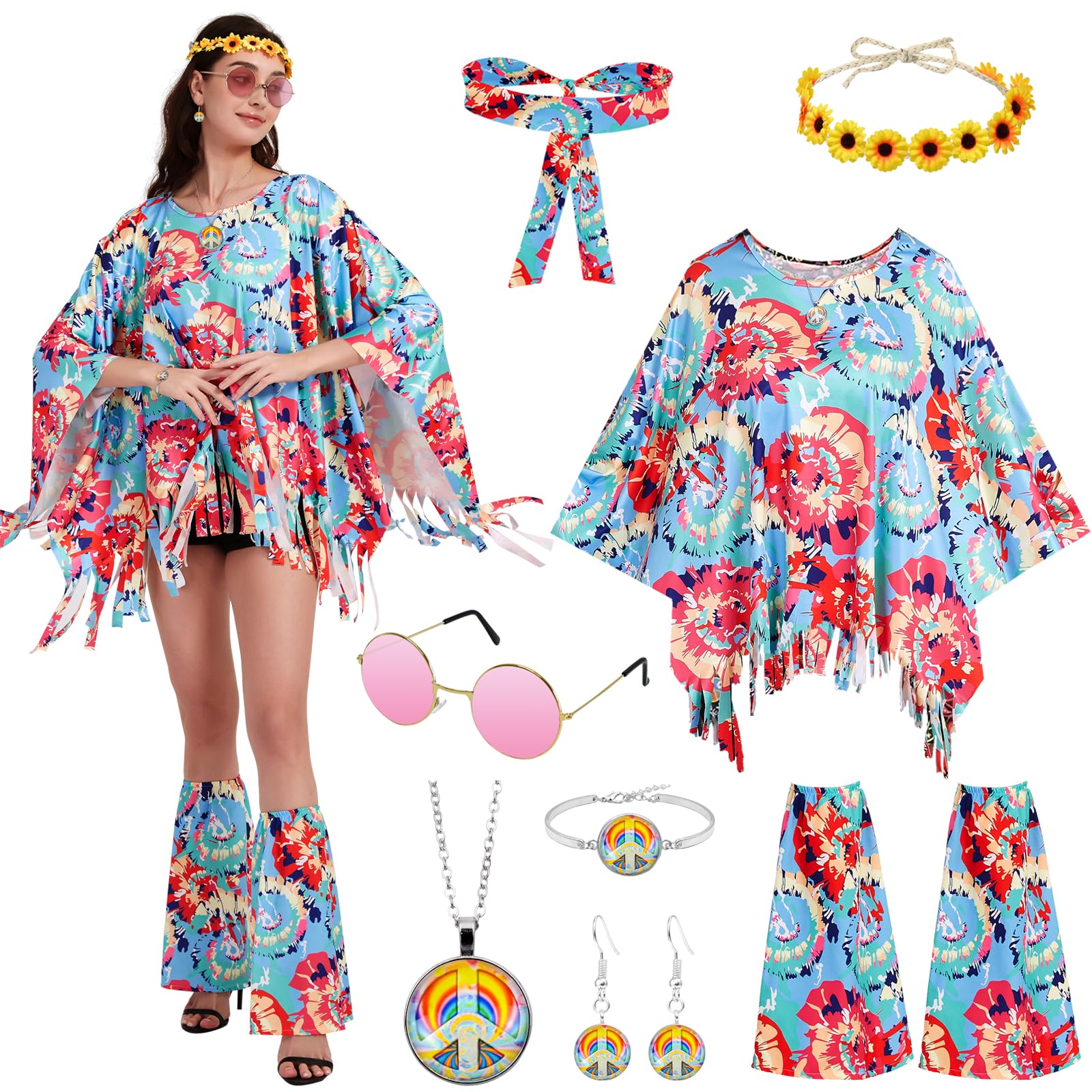 FORMIZON Disfraz Hippie para Mujer, 8 Piezas de Set de Accesorios de Disfraz de Hippie Poncho Collar y Pendientes, Estilo Bohemio Disfraz de Discoteca de Años 60 y 70 para Hippy Carnaval Mujer