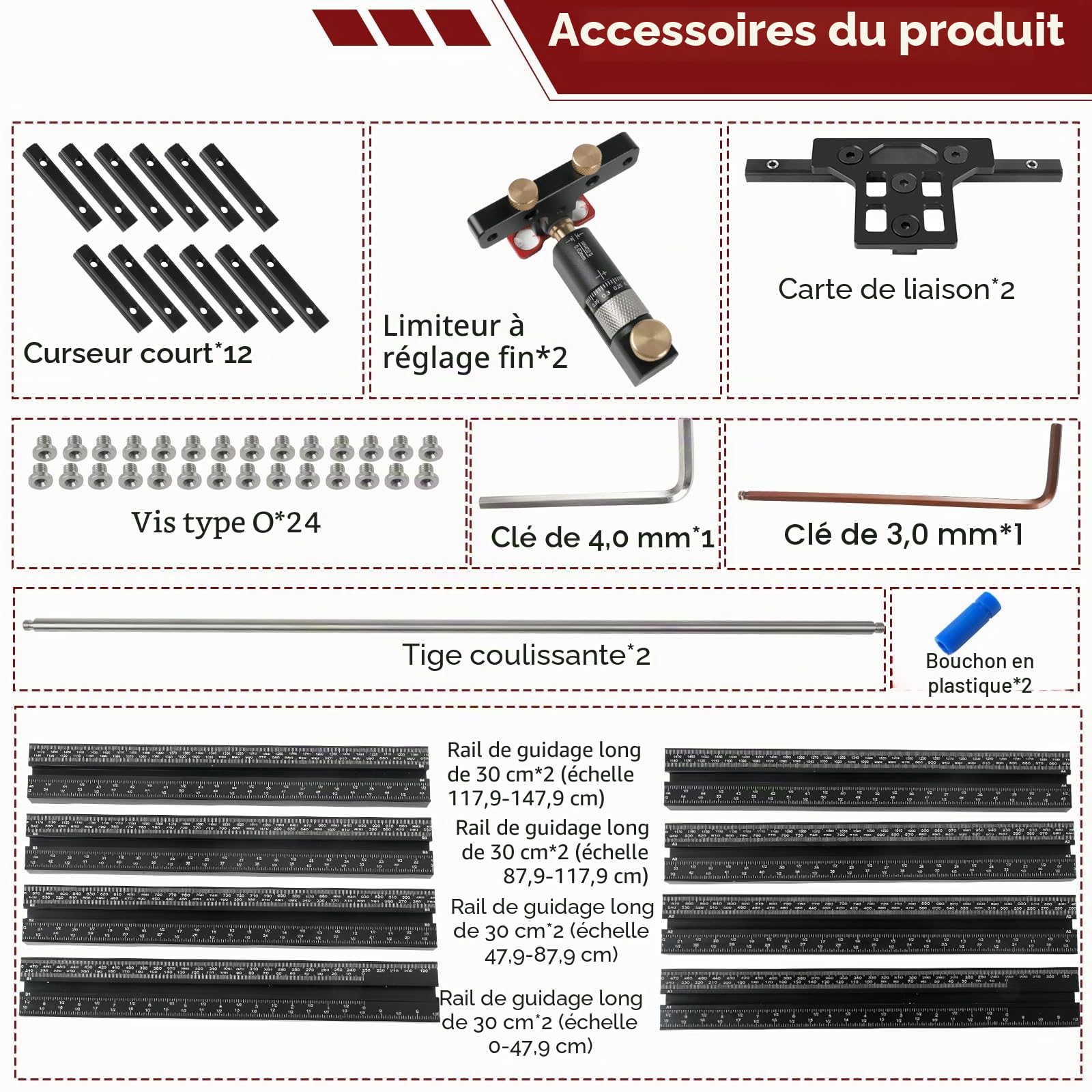 Système de guide parallèle pour scie à onglets, système de rail de guidage parallèle pour bois avec arrêt ajustable micro et inversé, outils auxiliaires de coupe avec calibration zéro pour Festool