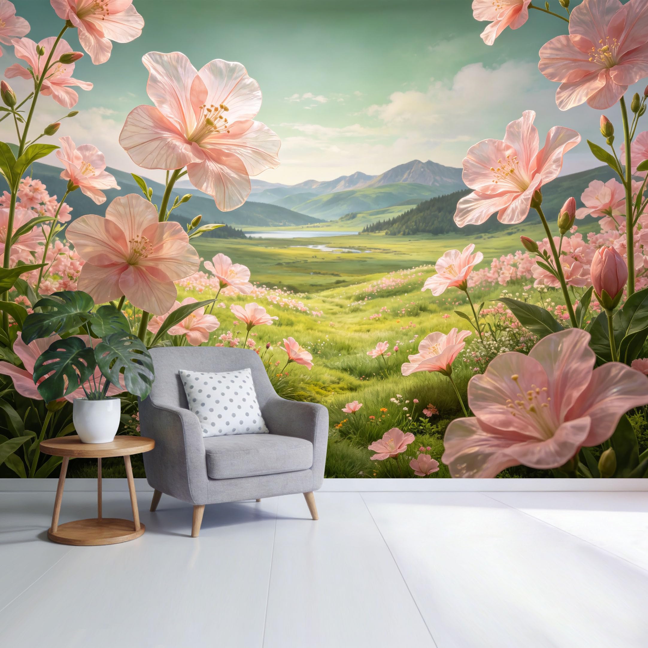 Custom Size Wall Mural Pink Floral Meadow Landscape Mountain Lake View Botanical Nature Scene SelfAdhesive Wall Fabric Removable Wallpaper for Home Office Decor