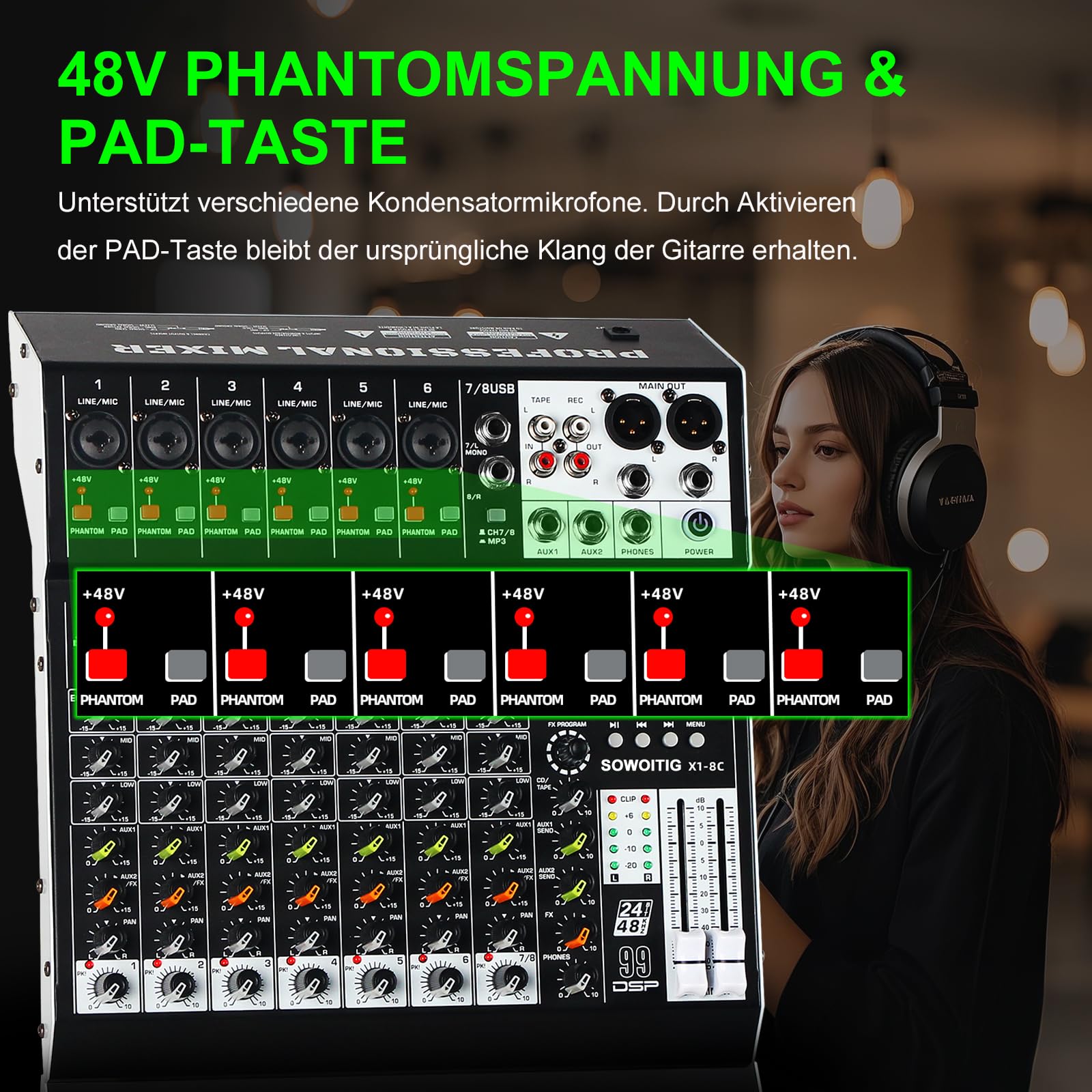 Console mixer audio a 8 canali con 99 effetti DSP, mixer digitale DJ mixer mixer professionale con USB, Bluetooth, alimentazione phantom da 48 V