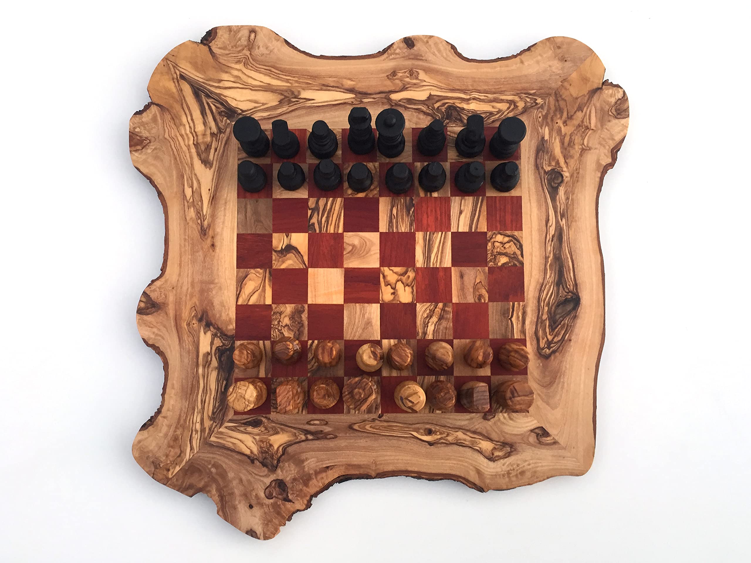 Schachspiel rustikal Schachbrett Gr. L inkl. 32er Schachfiguren handgefertigt aus Olivenholz Schach Geschenk Hochwertig