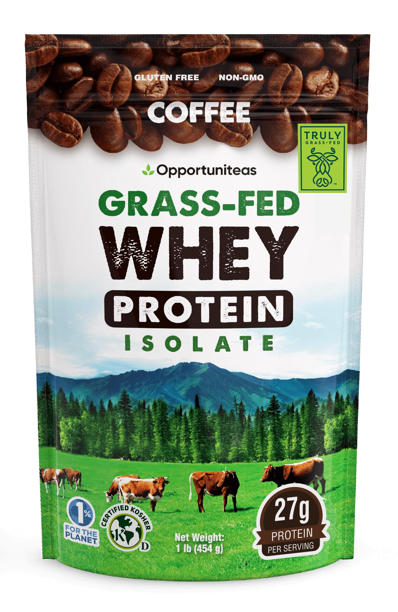 Opportuniteas Coffee Whey Protein Powder - Low Carb & Keto Friendly - Grass Fed Whey Isolate + Colombian Coffee - 60 mg Caffeine for Energy - Pre or Post Workout Drink Mix, Latte, Shake & Smoothie 1lb