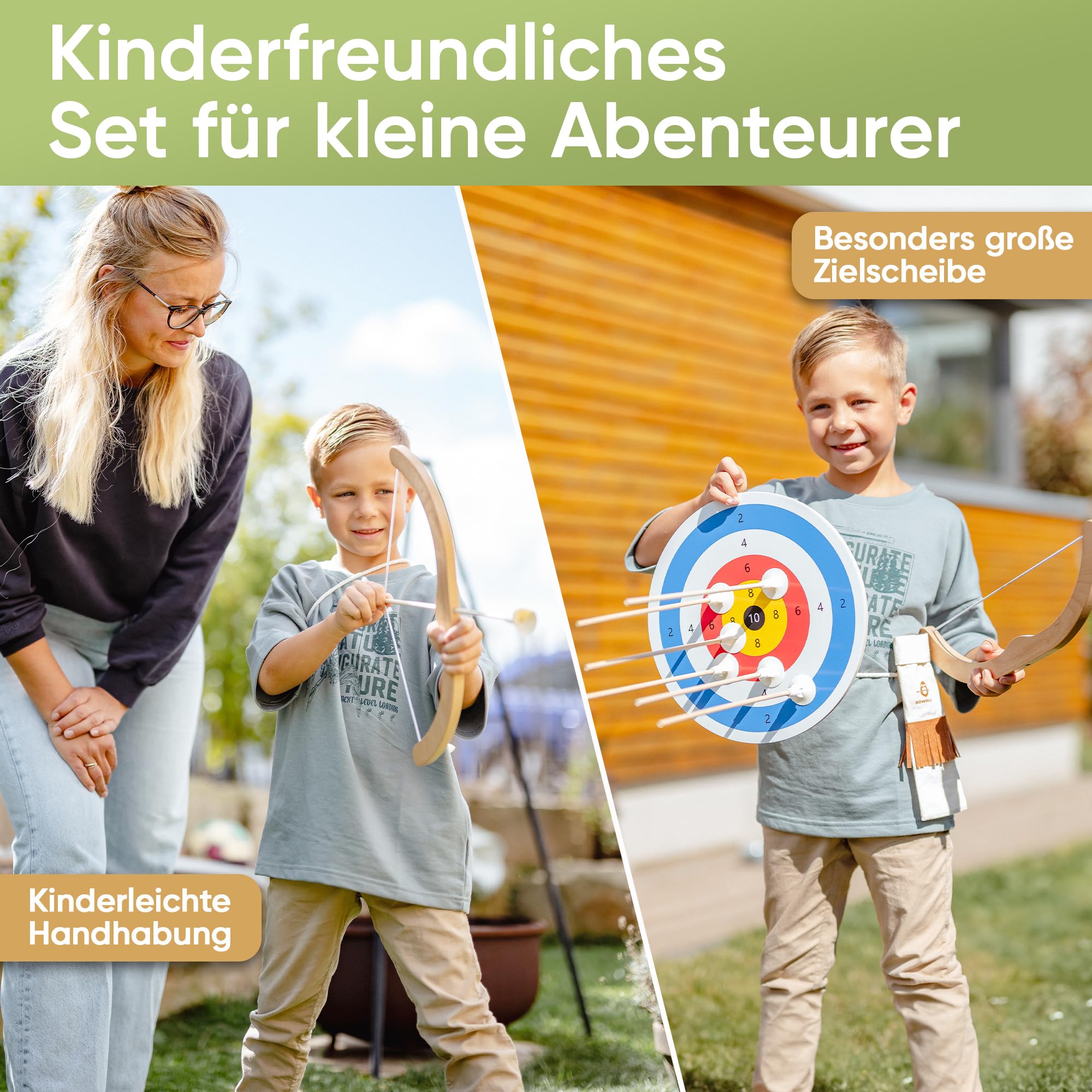 BOWRILLA® Pfeil und Bogen Kinder Holzspielzeug Set mit 6 Saugnapf-Pfeilen, Zielscheibe aus Holz und Köcher | Bogenschießen Kinder Spielzeug für Indoor- und Outdoor Spiele ab 3 Jahren