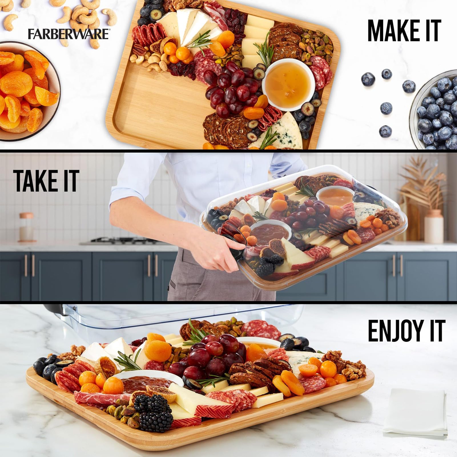 Tabla de queso con tapa transparente, bandeja de madera, para embutidos, con tapa con cierre, para preparar alimentos y servir ensalada de carne