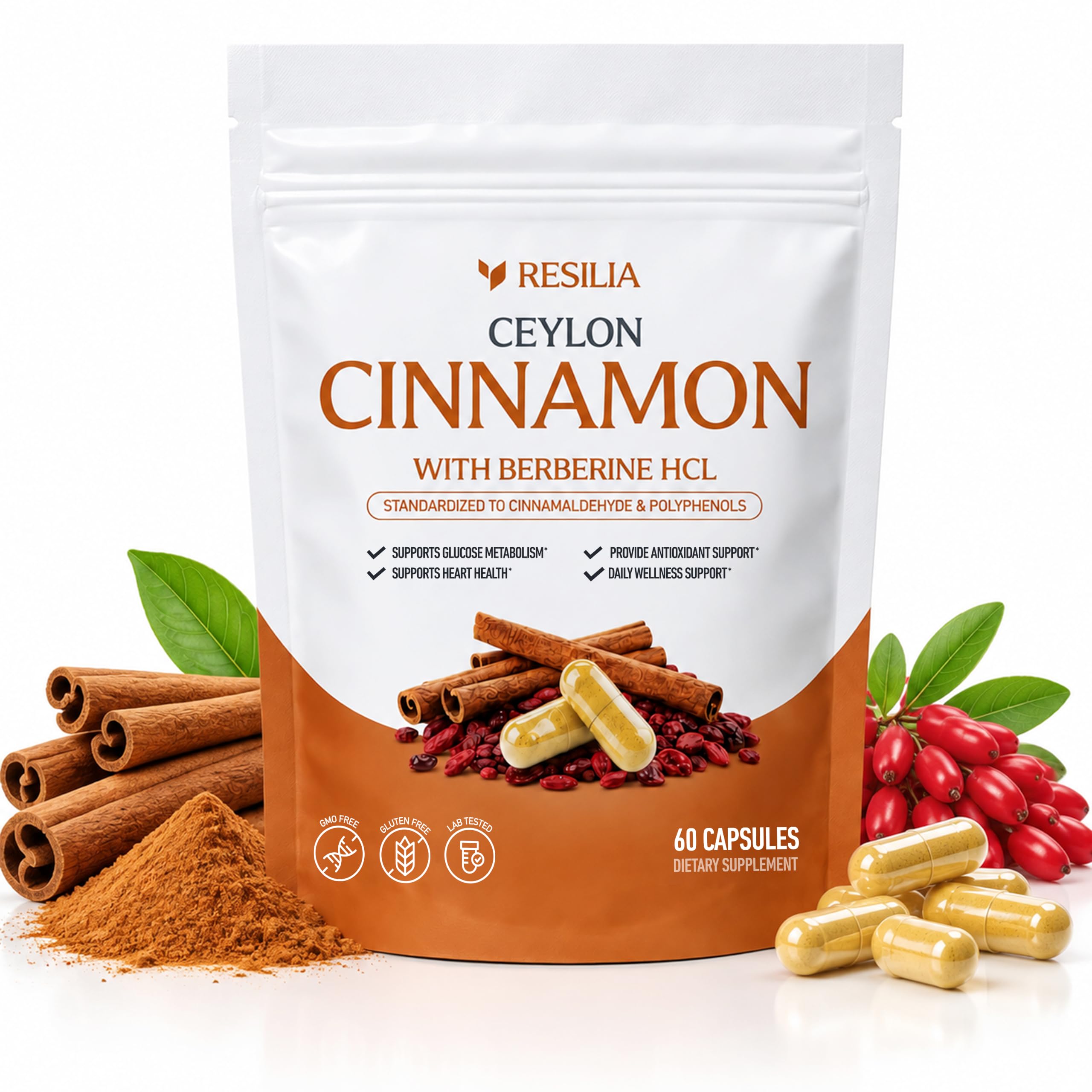 Resilia Ceylon Cinnamon Capsules with Berberine HCl, 60 Vegetable Capsules | 1,000 mg Cinnamon bark and 500 mg Berberine HCl per Two-Capsule Serving, 30-Day Supply