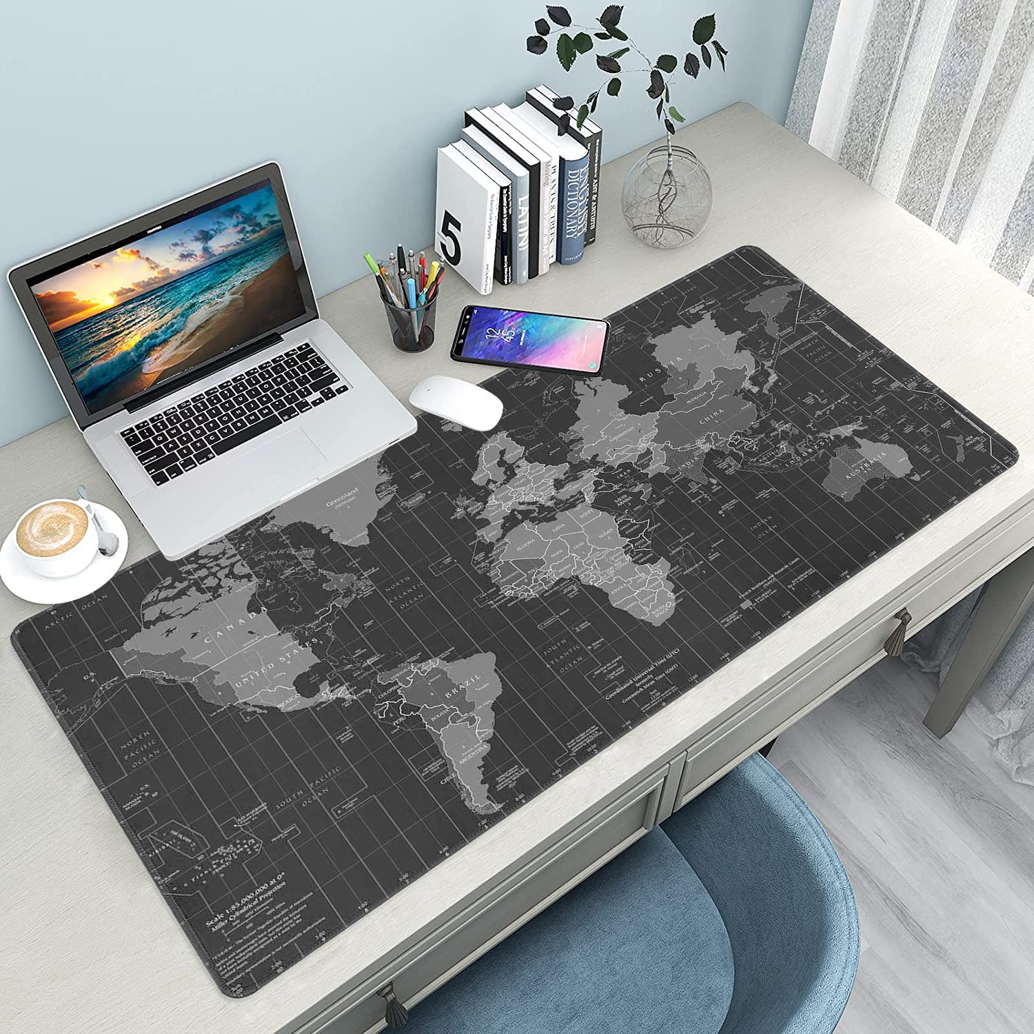World Map - Tappetino per mouse da gioco esteso con base in gomma stabile con bordi cuciti