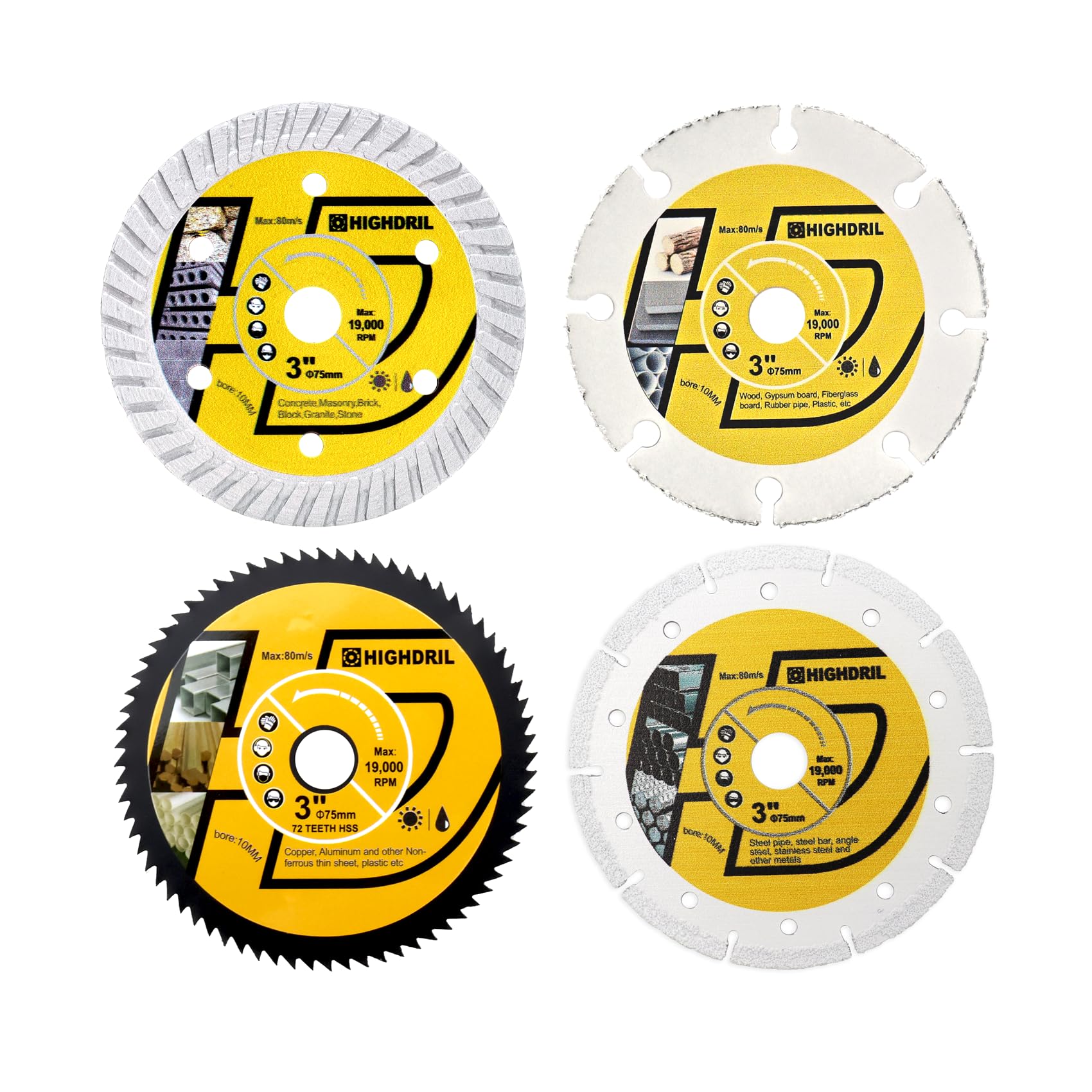 HIGHDRIL Disque à Tronçonner Diamant 75mm x Alésage 10mm - 4Pcs Béton/Bois/Acier Disque pour Béton Maçonnerie Bois Plastique Métal Découpe