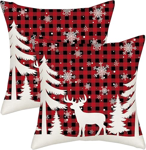 Juego de 2 fundas de almohada de Navidad de 20 x 20 pulgadas, diseño de búfalo rojo y negro, a cuadros, para sofá, Navidad, invierno, copos de