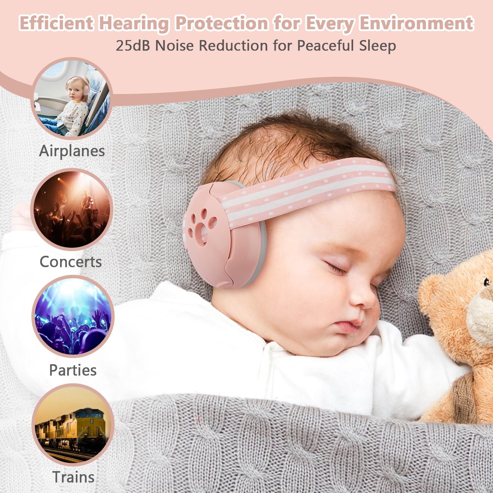 Cascos Antiruido Niños, Protectores Auditivos para Bebé 2-en-1 (0-4 años),Reducción de Ruido de 25dB, Banda Ajustable y Carcasa ABS Ligera,Cascos Ruido Bebe