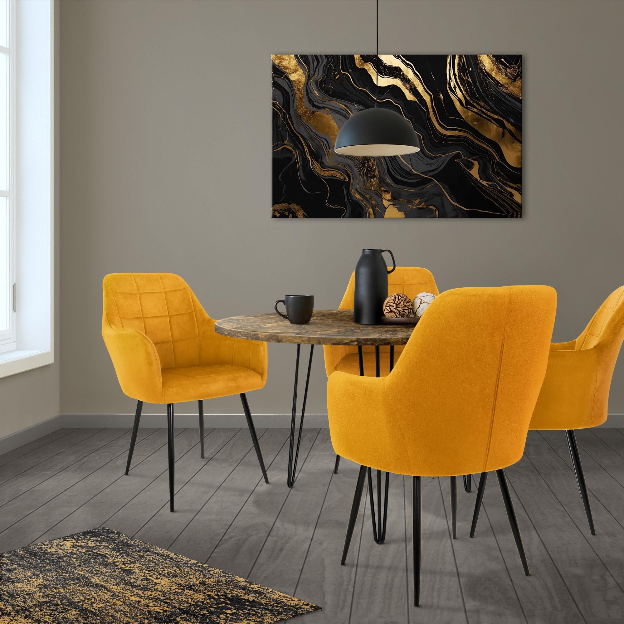 ECD Germany Set di 2 Sedie Sala da Pranzo con Schienale e Braccioli Ocra Giallo Senape Poltrone Soggiorno Cucina con Rivestimento in Velluto e Gambe in Metallo Poltroncine da Salotto Confortevoli