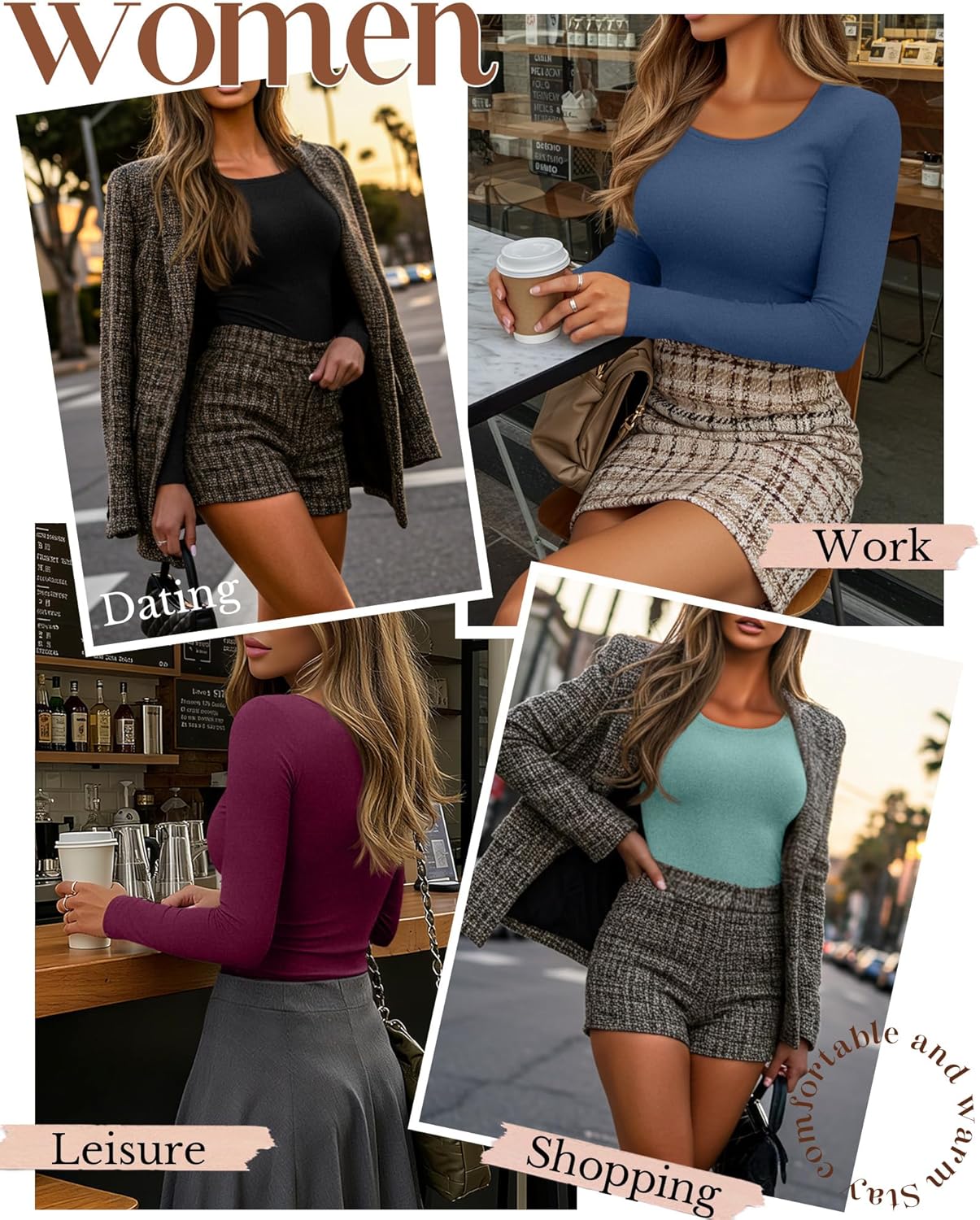 4 Pack Women's Thermal Shirt Fleece Lined Long Sleeve Scoop Neck Top Undershirt Fitted Winter Base Layer Underwear - Image 2