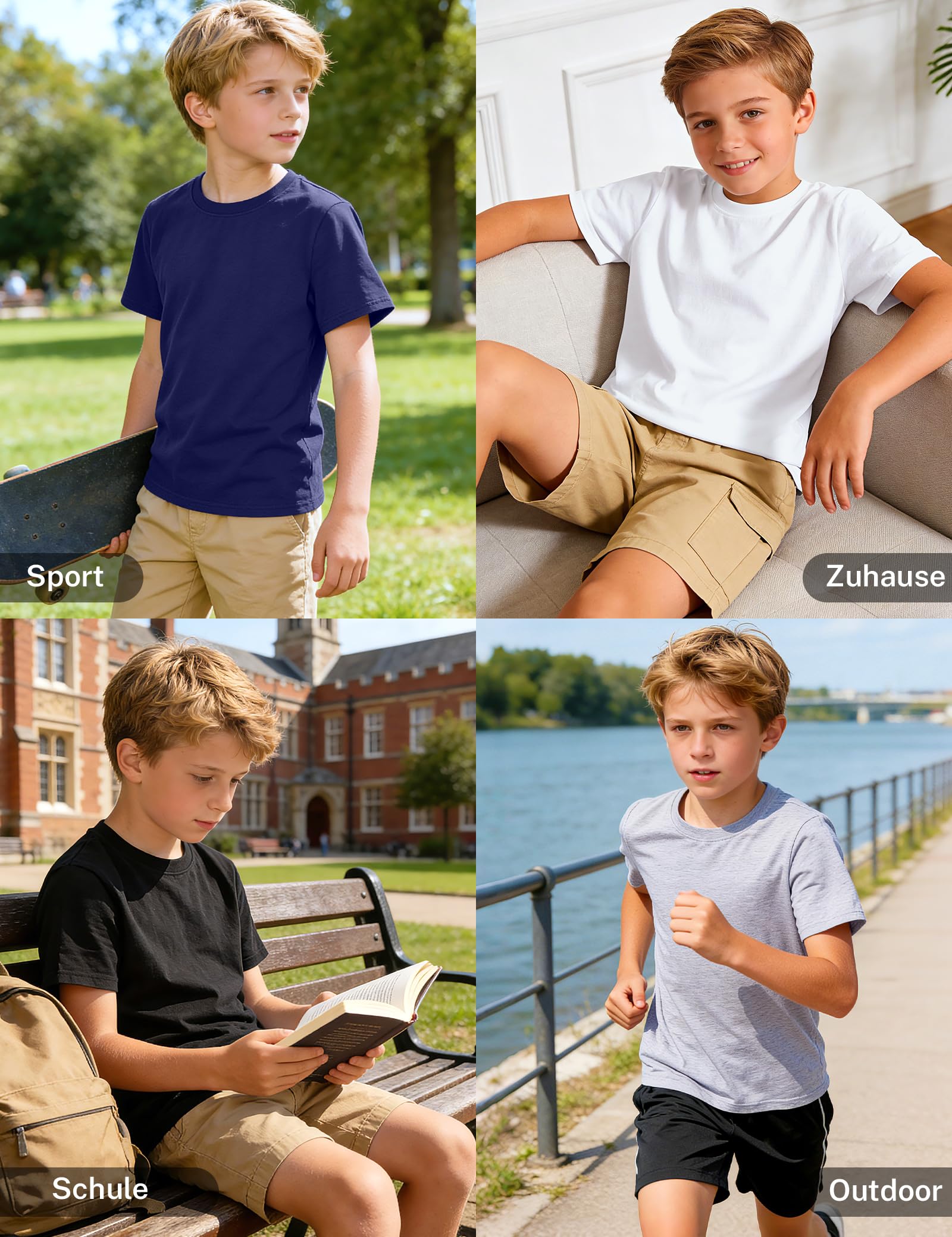 KEREDA Jungen T-Shirt 4er-Pack Kinder Kurzarm Rundhalsausschnitt Sommer Tops Basic Tshirts Einfarbige Casual Tees Sport Oberteile