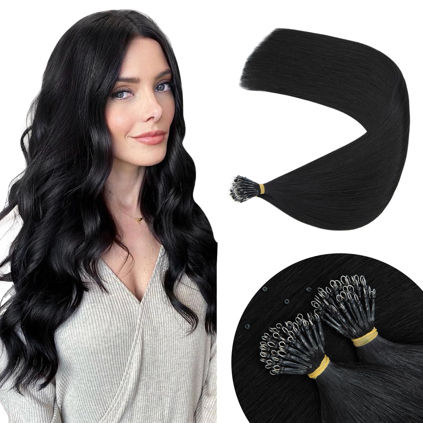 Elailite Black Nano Hair Extensions Real Human Hair With Nano Beads Rings Cold Fusion 50 Strands 50g Straight Long (#1 Jet Black