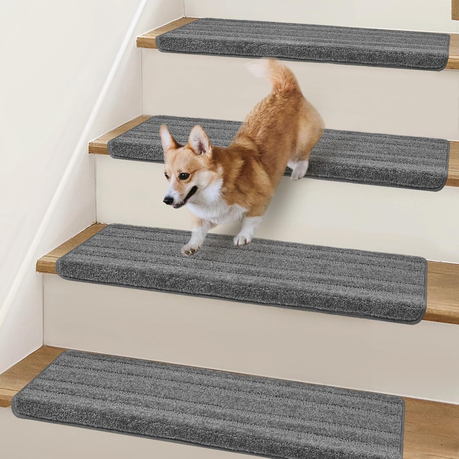 Bullnose Stair Treads Non Slip 9.5" x 32", 14 Pcs Carpet Stair Treads for Wooden Steps Indoor with Edge Protection, Reusable Peel and Stick TPU Backing Stair Runner Rugs- Line Pattern Grey 9.5*32 INCH Grey (Line Pattern) 14