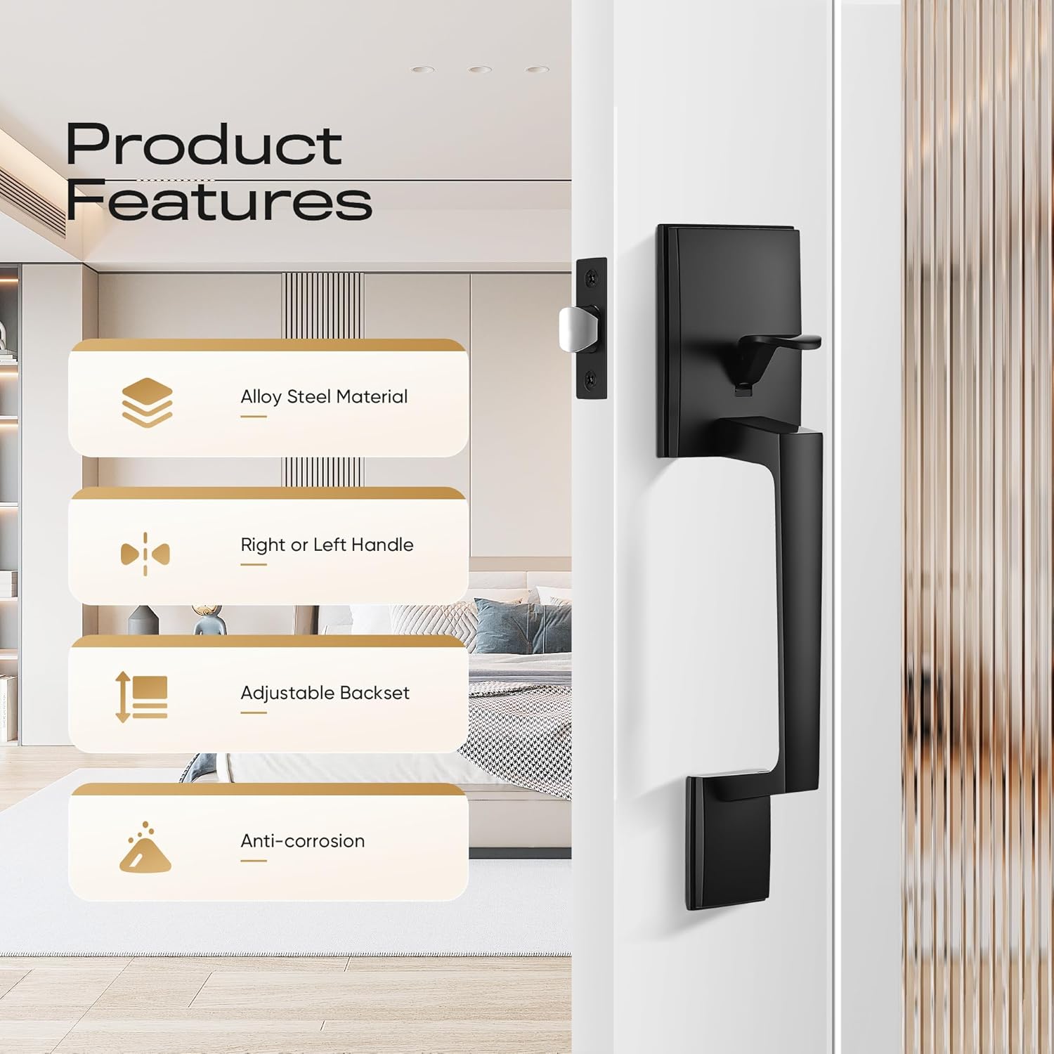 Leydebong Brushed Brass No Lock Front Door Handle Set with Reversible Lever - Exterior Door Handle Set for Right or Left Handed Doors, Front Door Handle